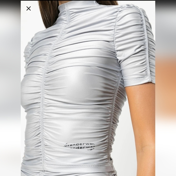 NWT$350 Alexander Wang Ruched Mock Neck Logo Silver Fox Crop Top Back Zip Sz XS - Picture 2 of 15